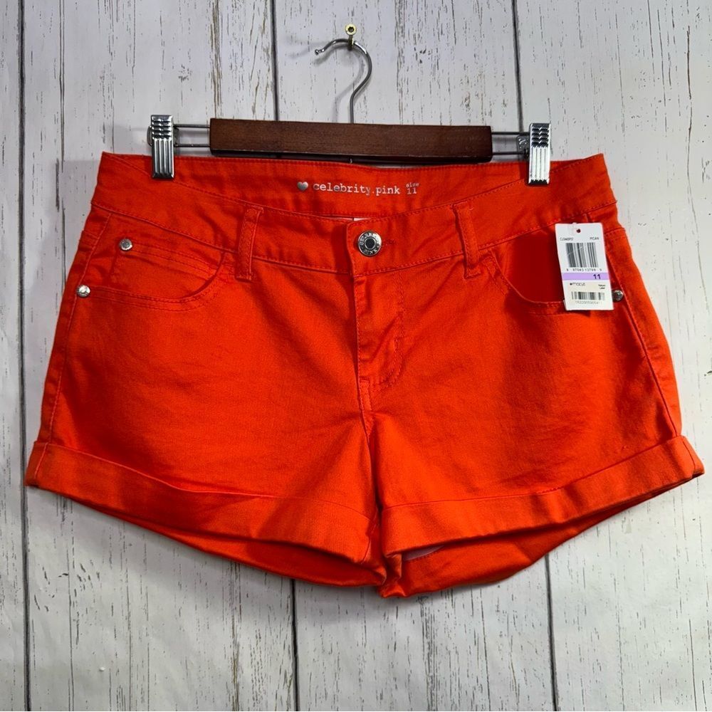Celebrity Pink Womens Orange Cotton Shorts Cuffed Hem Vibrant Summer Pockets